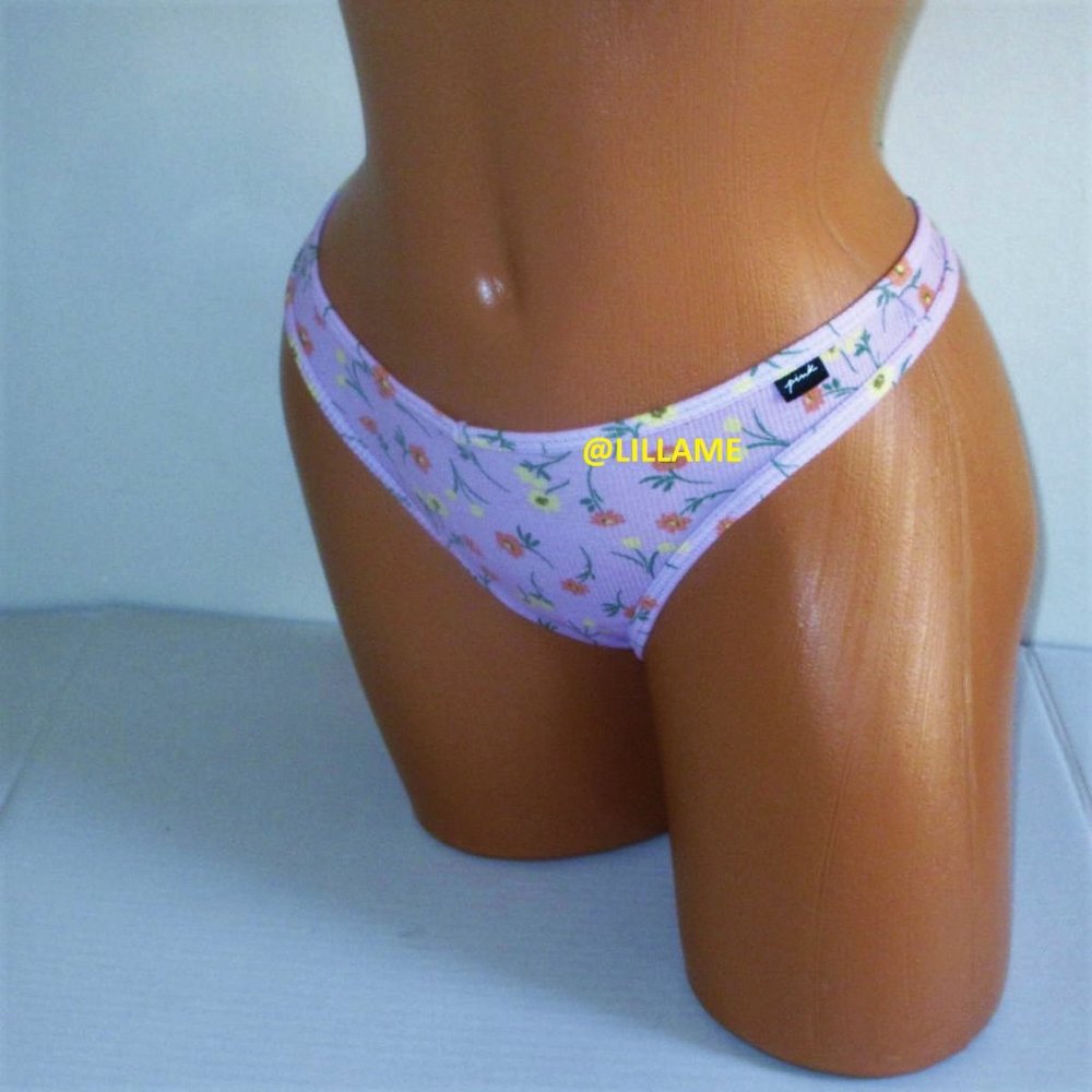 Victoria's Secret PINK Cotton Thong Panty S L Logo Floral Lilac NWT - Picture 3 of 4